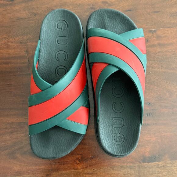 Gucci Web Pannelled Rubber Sandals Womens Slides size 9 green red - Picture 1 of 16